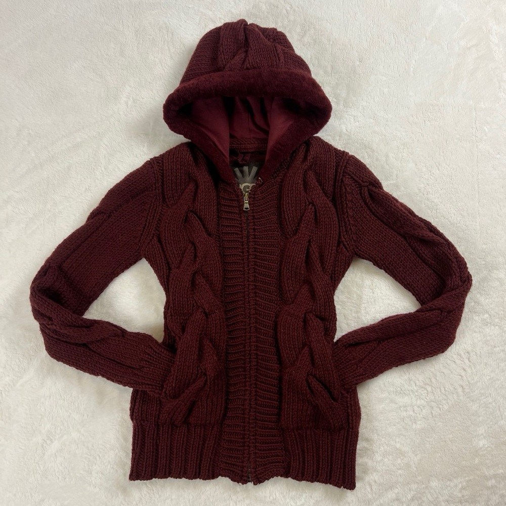 UGG Australia Lamb Trim & Merino Wool Cable Knit Hooded Cardigan